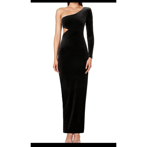 L'VOW Fitted One Shoulder Long Sleeve Cut Out Bodycon Maxi Slit Velvet Dress - Picture 3 of 6